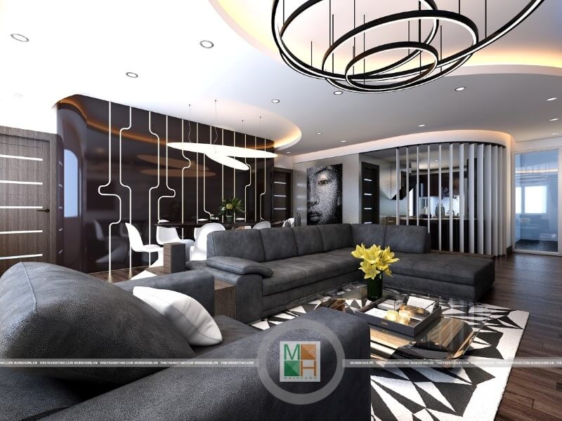 Thiết kế nội thất chung cư hiện đại với bộ sofa da màu đen sang trọng tạo điểm nhấn nổi bật cho phòng khách. Trang trí nội thất chung cư