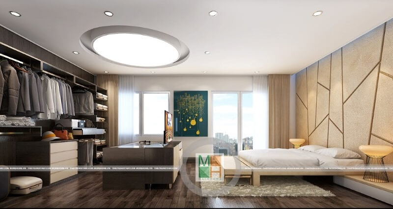 Mẫu thiết kế phòng ngủ chung cư đẹp sử dụng đồ nội thất gỗ hiện đại với cách bố trí hợp lí, tinh tế mang đến vẻ đẹp vẻ đẹp sang trọng và đẳng cấp. Trang trí nội thất chung cư