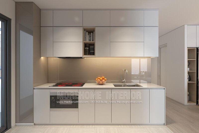 Lựa chọn tone màu trắng chủ đạo, tủ bếp gỗ An Cường cao cấp mang đến phòng bếp thanh thoát và không kém phần sang trọng Tủ bếp gỗ công nghiệp và tủ bếp acrylic