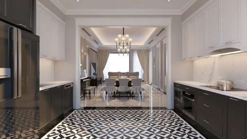 Tủ bếp gỗ công nghiệp kiểu dáng chữ i được đặt song song, khu vực sơ chế thực phẩm và khu vực bếp nóng được bố trí hợp lí tạo cho gia chủ thuận tiện hơn trong quá trình nấu nướng Tủ bếp gỗ công nghiệp và tủ bếp acrylic