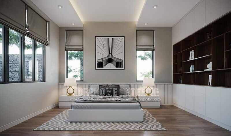Tone màu trắng chủ đạo từ tường, giường, tab, tủ quần áo đã tạo nên vẻ đẹp thanh lịch ấn tượng cho phòng ngủ hiện đại. Thiết kế phòng ngủ biệt thự