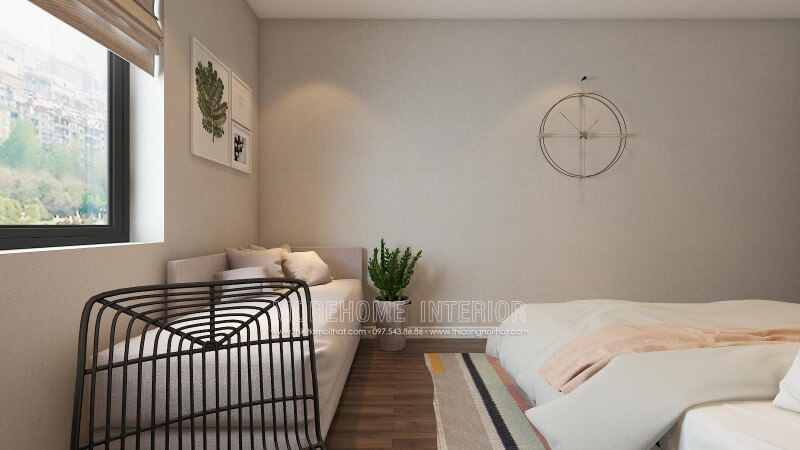 Ghế sofa dài màu ghi đẹp, hiện đại được bố trí ngay tại cửa sổ giúp bạn có thể tận hưởng cảm giác êm ái khi nắm nét đẹp sinh động từ tự nhiên ngay trong phòng ngủ của mình. Thiết kế phòng ngủ biệt thự