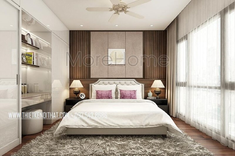 Thiết kế nội thất phòng ngủ master sang trọng, độc đáo với giường ngủ hiện đại bọc nệm đẹp, tab đầu giường sắc đen phá cách cùng tường trang trí đẹp mắt. Thiết kế phòng ngủ biệt thự