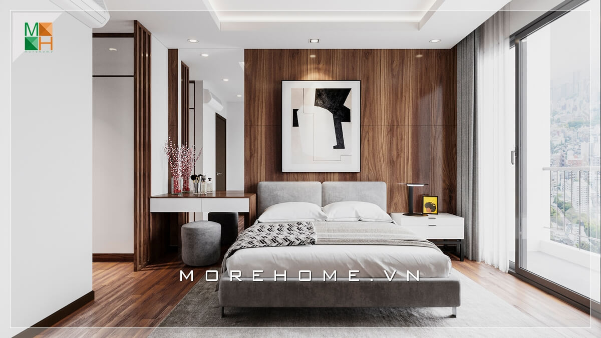 Ấn tượng với tường ốp gỗ đầu giường rất độc đáo và đẳng cấp. Thiết kế phòng ngủ biệt thự