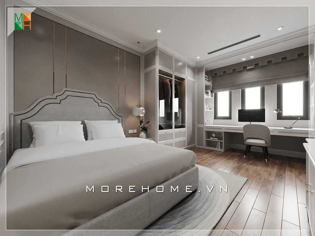 Thiết kế một cái kệ gỗ công nghiệp hiện đại vừa dài lại có tính năng giống bàn được đặt ở ngay gần cửa sổ của căn phòng giúp căn phòng trở nên tiện nghi và cuốn hút. Thiết kế phòng ngủ biệt thự