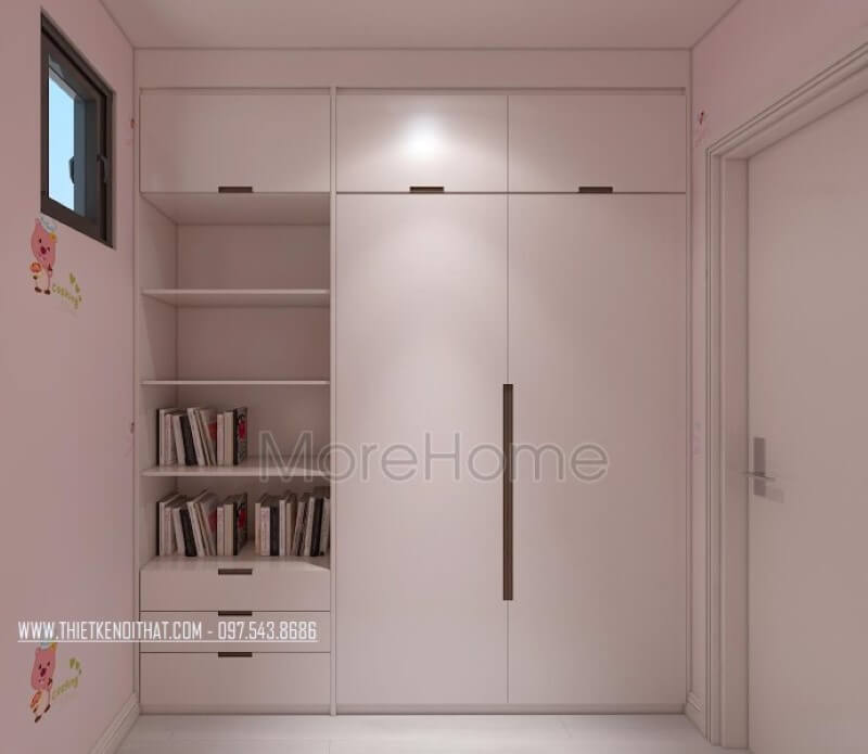 Tủ quần áo kết hợp kệ hở để sách vừa tiện dụng vừa gọn gàng cho phòng ngủ con. Thiết kế phòng ngủ biệt thự