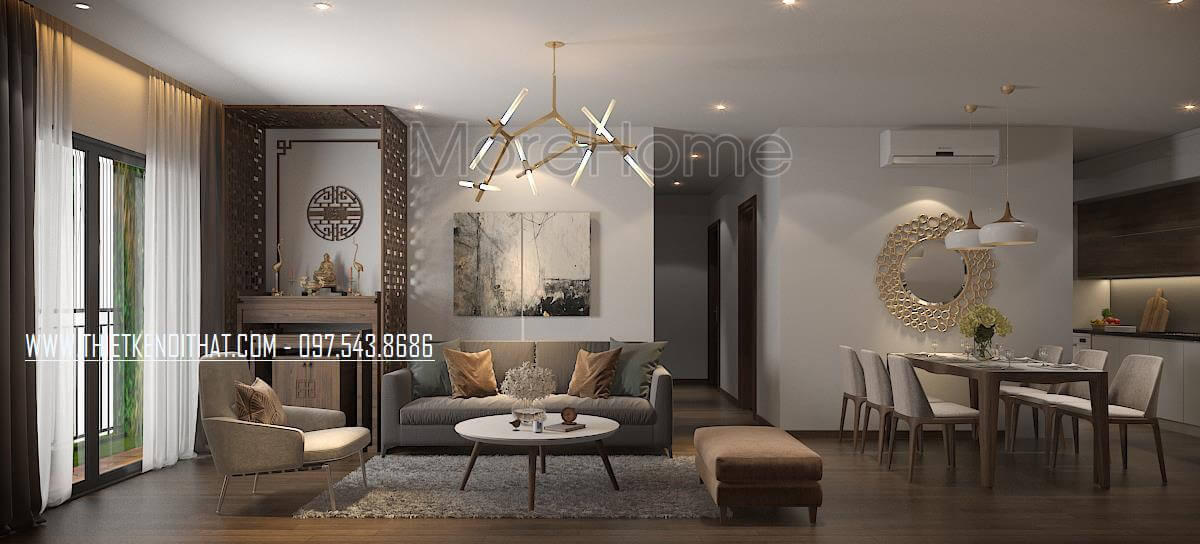 Thiết kế nội thất chung cư với nội thất phòng khách thiết kế hiện đại, sang trọng. Nội thất bố trí gọn gàng. Thiết kế chung cư