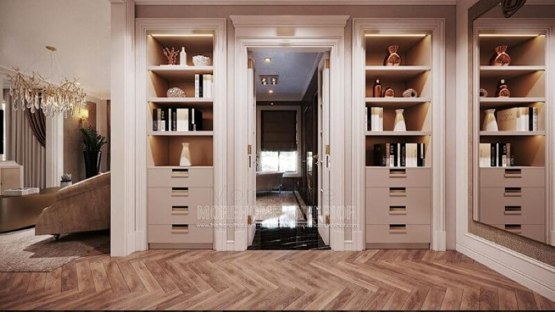 Thiết kế nội thất phòng ngủ master có tủ, kệ đựng đồ đẹp, độc đáo với nhiều ngăn đựng và ô đựng hở. Thiết kế chung cư