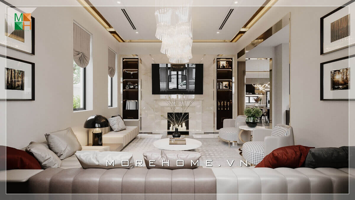 Chiêm ngưỡng không gian phòng khách rất đẳng cấp với sự bố trí nội thất khoa học và sang trọng phù hợp cho không gian nhà phố, biệt thự,... Thiết kế phòng ngủ biệt thự