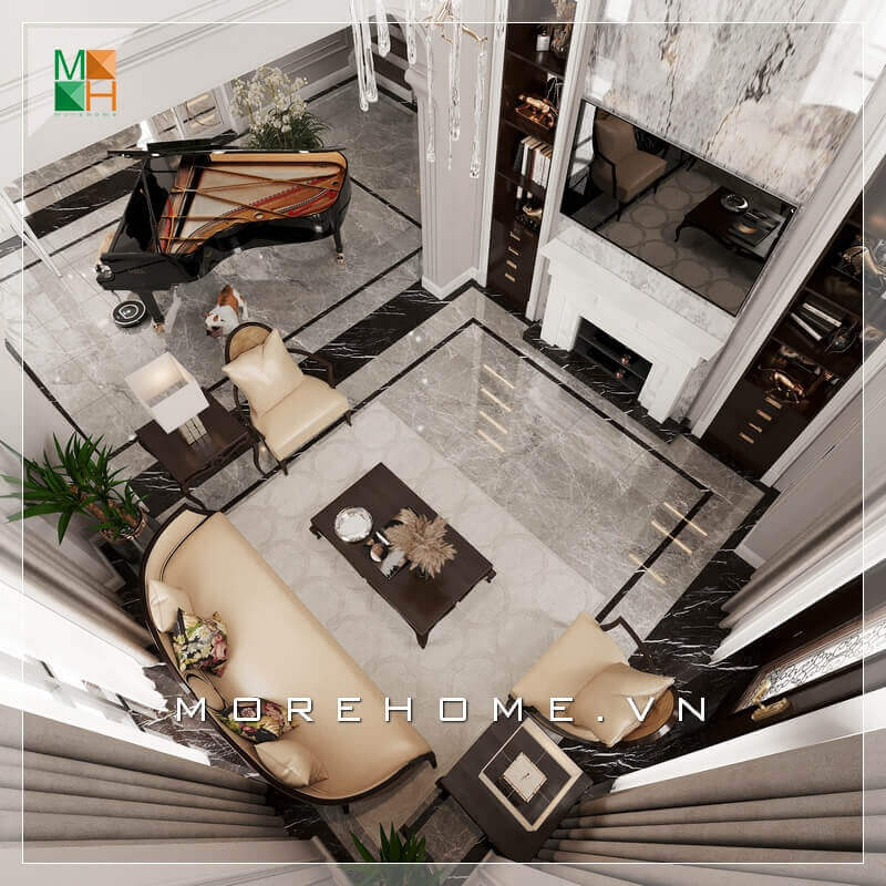 Mẫu thiết kế phòng khách cao cấp, đặt piano ngay trong phòng khách là sự lựa chọn của nhiều gia đình làm tăng thêm vẻ sang trọng cho không gian phòng khách đẹp. Thiết kế phòng ngủ biệt thự