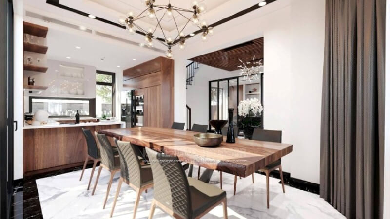 Mẫu tủ bếp hình chữ U với thiết kế bàn đảo liền mạch sẽ là một gợi ý tuyệt vời cho mẫu phòng bếp vuông vắn mà không cần tốn quá nhiều diện tích.