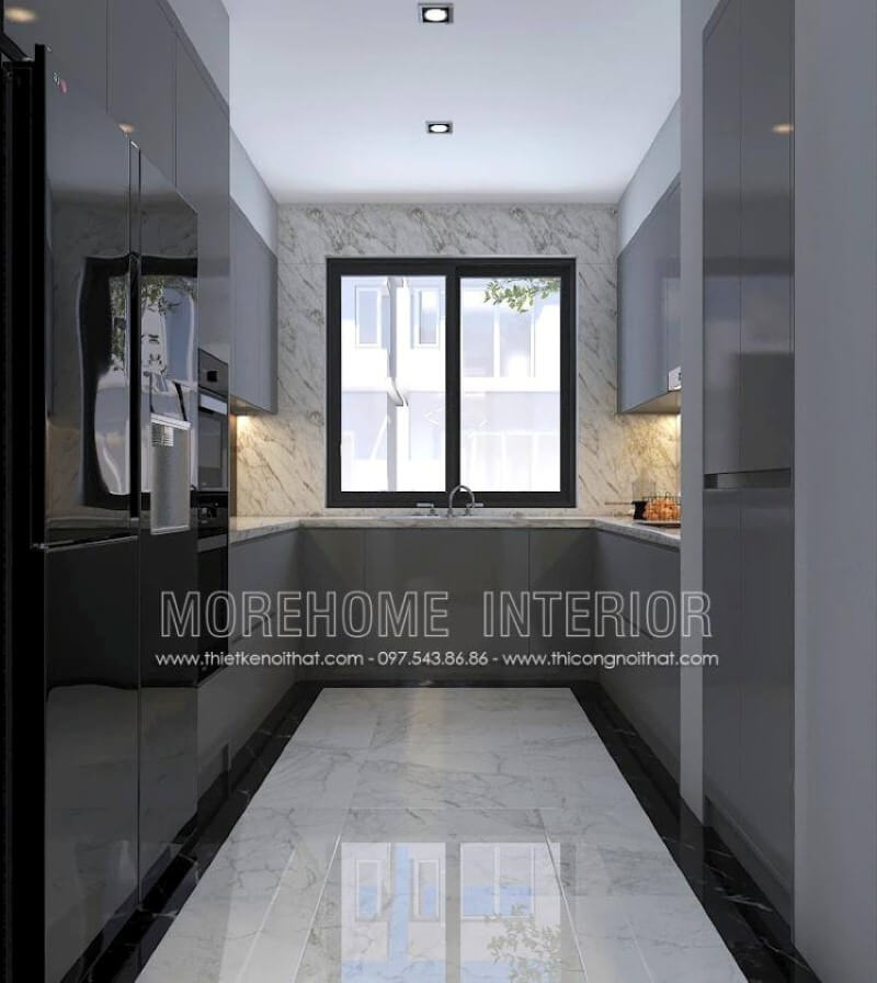 Với không gian bếp không được lớn, bạn nên trang trí nội thất với tủ bếp hình chữ U hiện đại gỗ acrylic trong đây với một bên bố trí tủ lạnh, lò vi sóng, lò nướng một bên là bếp từ nấu và tủ bếp đựng bát đĩa, xoong nồi cần thiết và ở giữa là chậu rửa là một trong những gợi ý giúp không gian bếp được phát huy tối đa công năng.