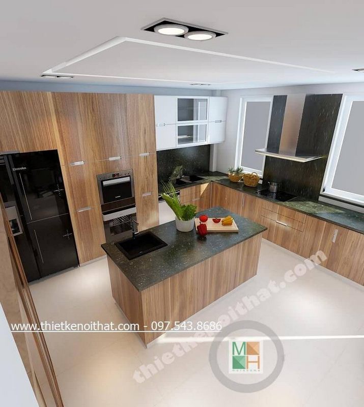 Bàn đảo bếp gỗ công nghiệp ốp mặt đá tự nhiên cao cấp