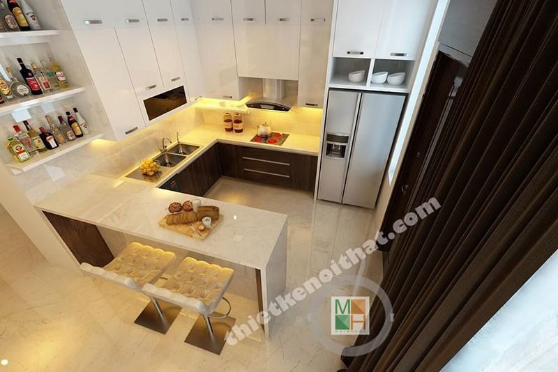 Bàn đảo bếp ốp đá màu trắng hiện đại cho phông gian bếp tiện nghi