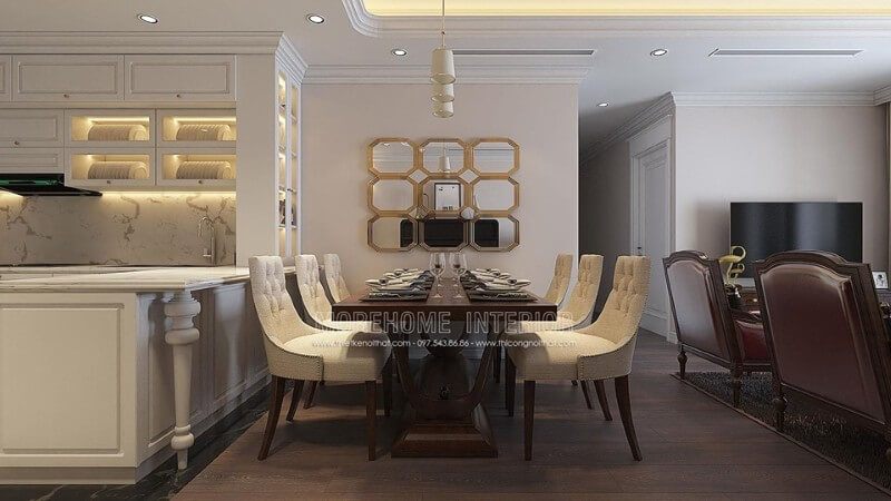 Phòng ăn tân cổ điển được thiết kế với bộ bàn ăn tone màu trắng và nâu ấm cũng và thân thiện