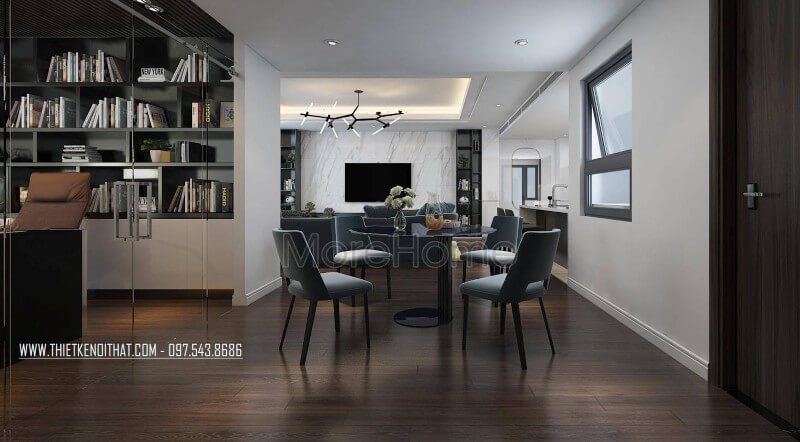 Nội thất phòng ăn chung cư bố trí đơn giản, thiết kế hiện đại với gam màu xanh cùng tone màu xanh