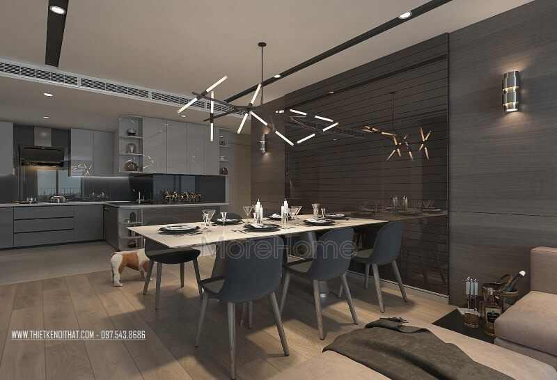 Khu vực phòng ăn được thiết kế liền kề với không gian phòng khách tạo sự ấm áp cho ngôi nhà