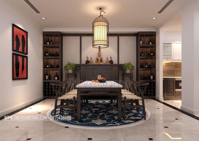 Phòng ăn được bố trí hợp lí ngay khi vực sinh hoạt chung của gia chủ, đảm bảo thuận tiện hơn trong quá trình dùng bữa cũng như là tiếp đãi khách tới chơi nhà những bữa ăn ngon miệng