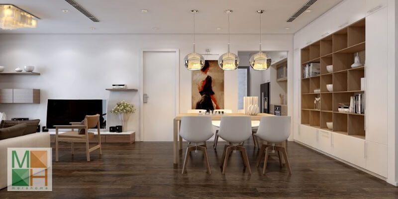 Thiết kế nội thất phòng ăn chung cư tiện nghi với tông màu sáng được sử dụng mang lại sự thư giãn và sạch sẽ cho căn nhà. Khu vực bàn ăn được chú ý với một tủ gỗ tiện dụng.