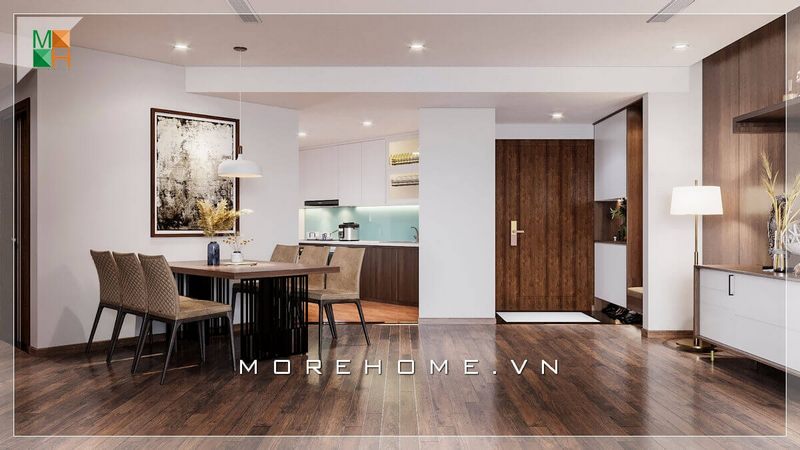 Tận dụng khoảng không gian trống giữa phòng khách và lối vào để đặt một bộ bàn ăn cũng là một phương án hết sức sáng tạo của KTS Morehome, giúp không gian đỡ trống trải và cũng tạo nên bố cục ấm áp cho ngôi nhà của bạn