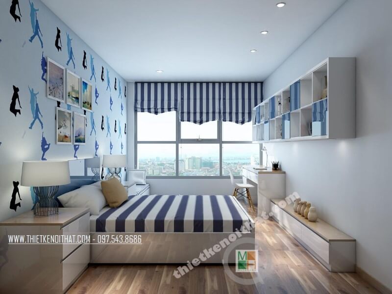 Phòng ngủ trẻ em được thiết kế với tông màu xanh mát làm nổi bật sự độc đáo.