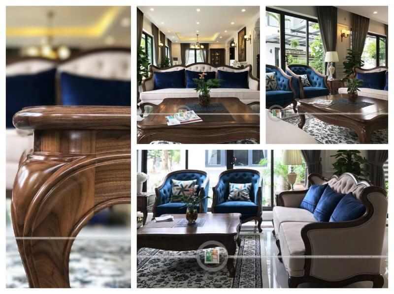 Việc thi công nội thất phòng khách gỗ óc chó sang trọng cho biệt thự Ecopark Hưng Yên với mẫu bàn trà gỗ óc chó tự nhiên nhập khẩu tinh tế đã được thực hiện.