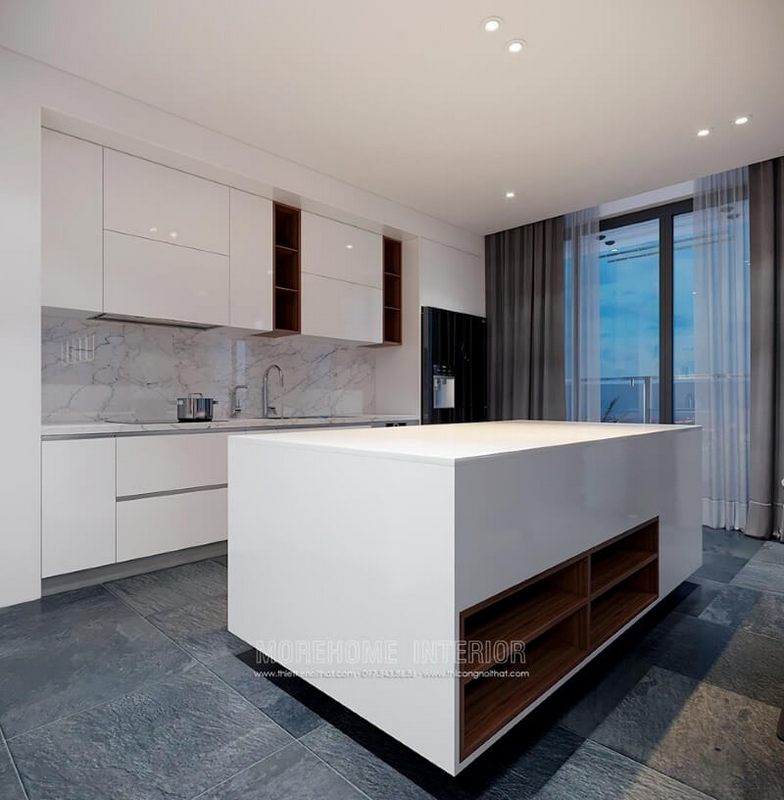 Mẫu đảo bếp được làm từ gỗ công Acrylic cao cấp và mặt đá nhân tạo solid surface cao cấp góp phần tạo nên vẻ đẹp bóng loáng cho căn hộ.