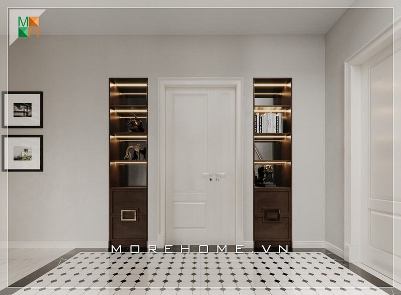 Mẫu 2 tủ kệ trang trí đồ màu nâu gỗ có thiết kế hiện đại và tiện nghi, đã làm tạo ra ấn tượng mạnh mẽ khi được bố trí 2 bên cửa.